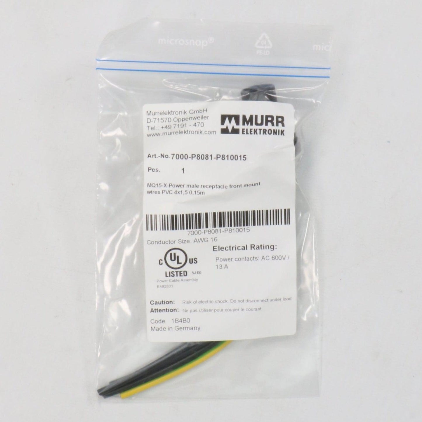 Murr Elektronik MQ15 X Power Male Receptacle-Front Mount Male Receptacle-Used Industrial Parts