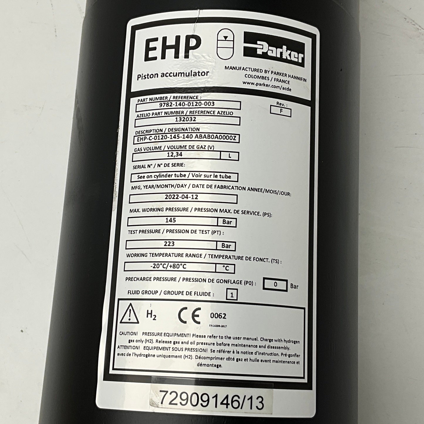 Parker Hannifin EHP Large Bore Piston Accumulator-Large Bore Piston Accumulator-Used Industrial Parts