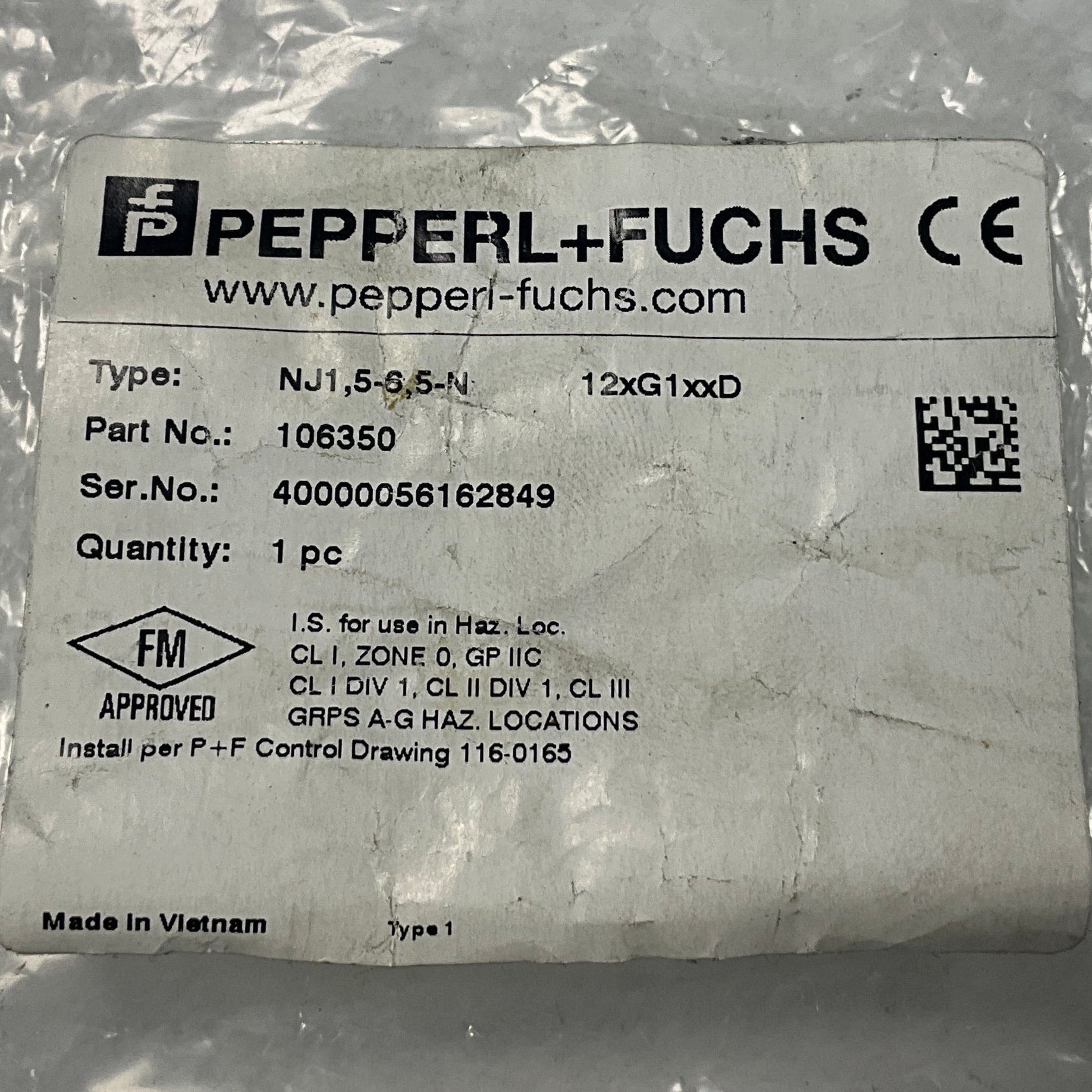 Pepperl + Fuchs NJ1,5-6,5-N Inductive Sensor-Inductive Sensor-Used Industrial Parts