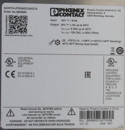 Phoenix Contact QUINT4-UPS/24DC/24DC/5 Uninterruptible Power Supply-Power Control Units-Used Industrial Parts