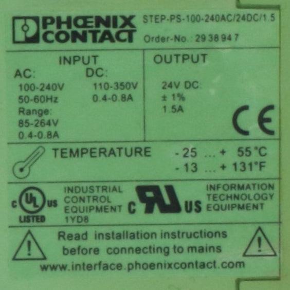 Phoenix Contact STEP PS 100 240AC 24DC 1 5 Power Supply-Power Supply-Used Industrial Parts