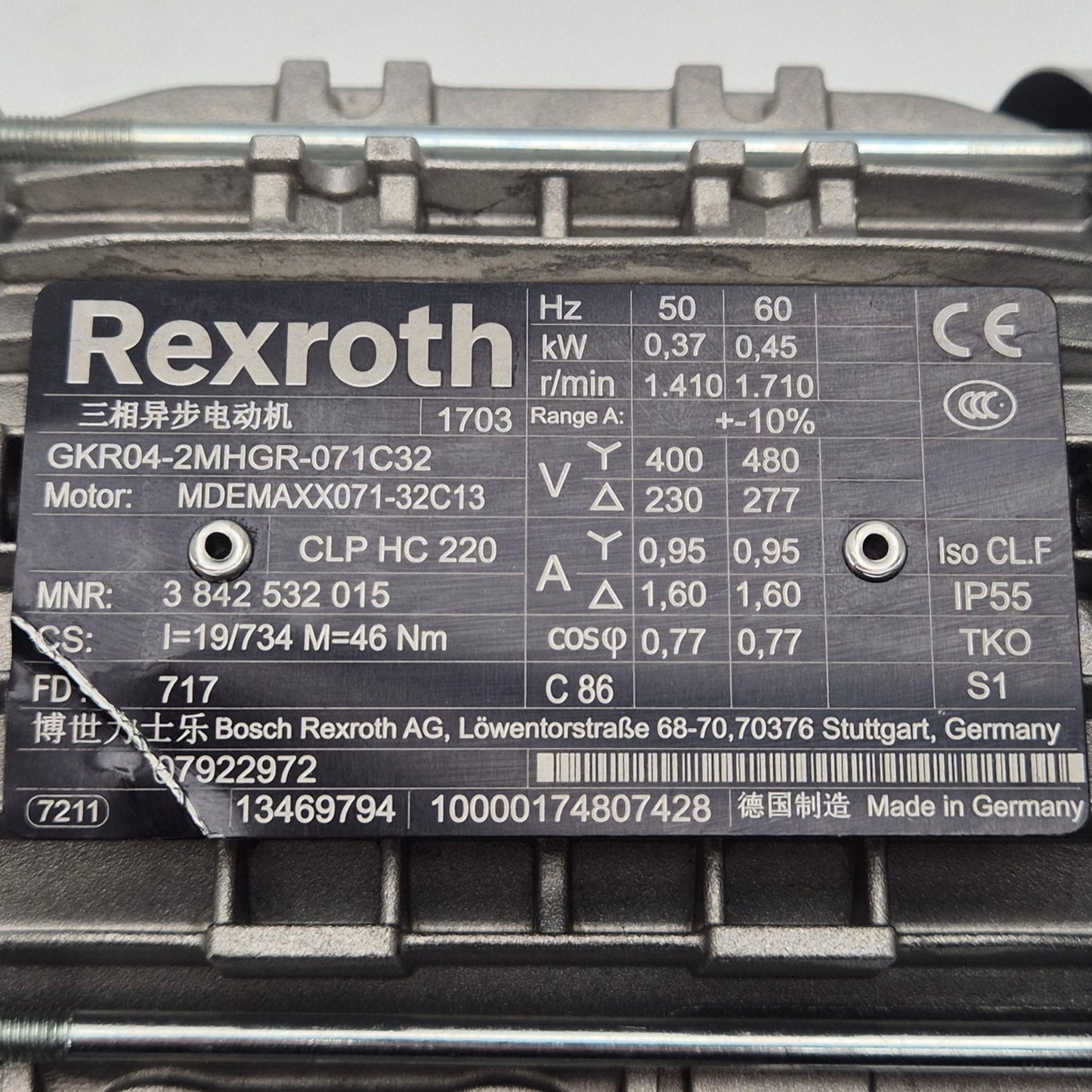 Rexroth GKR04‑2MHGR‑071C32 3 Phase AC Gearmotor-Gearmotor-Used Industrial Parts