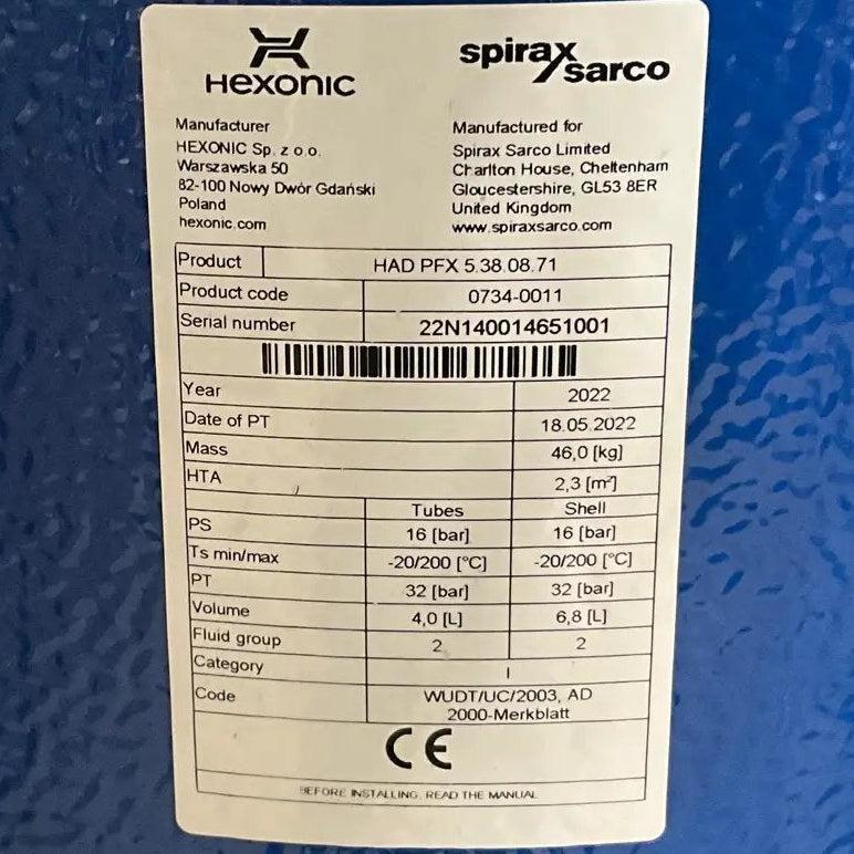 Sarco Spirax Hexonic HAD PFX 5.38.08.71 Shell & Coil Heat Exchanger-Shell & Coil Heat Exchanger-Used Industrial Parts