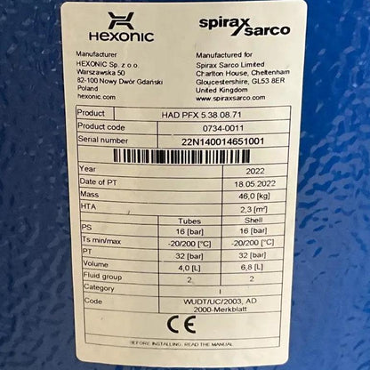 Sarco Spirax Hexonic HAD PFX 5.38.08.71 Shell & Coil Heat Exchanger-Shell & Coil Heat Exchanger-Used Industrial Parts