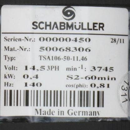 Schabmuller TSA106 50 11 46 Asynchronous Motor-Asynchronous Motor-Used Industrial Parts