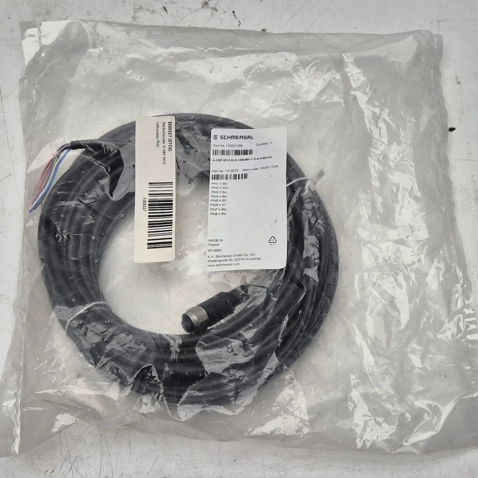 Schmersal A-K8P-M12-S-G-10M-BK-1-X-A-4-69-VA Connector Cable-Used Industrial Parts