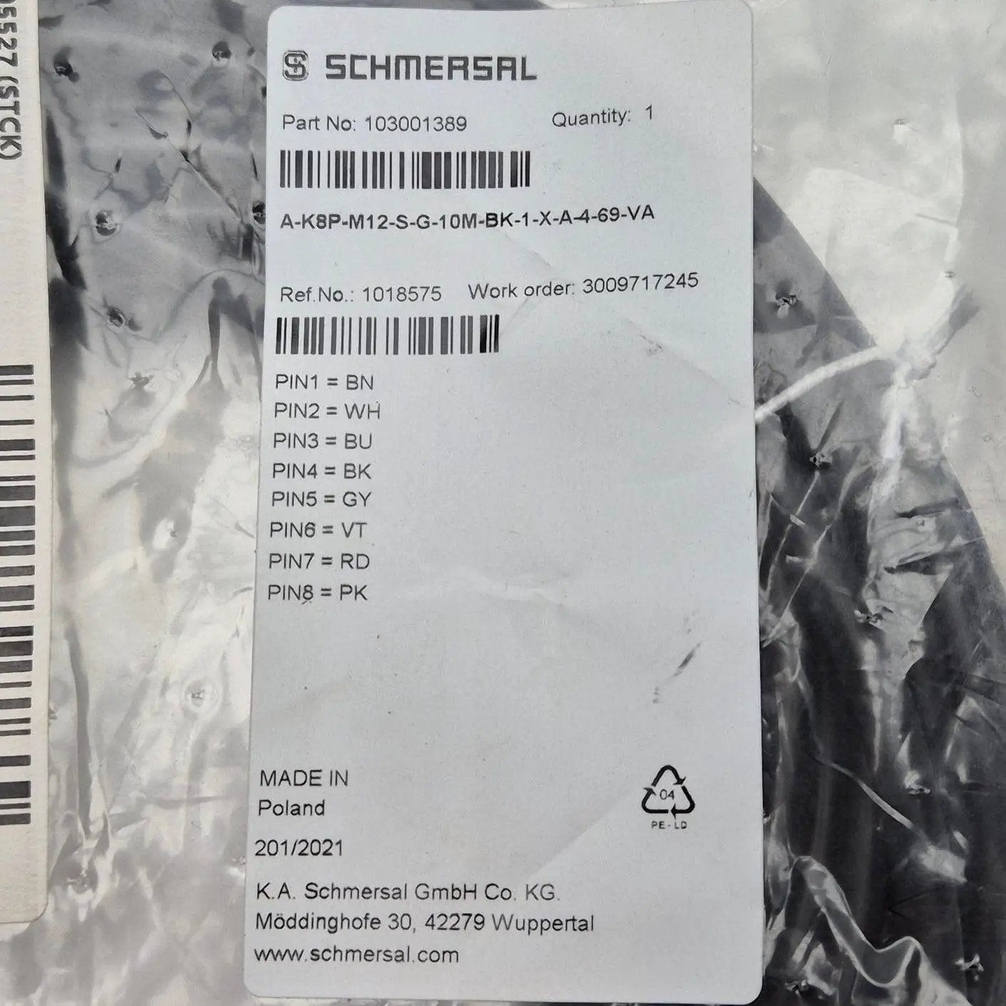 Schmersal A-K8P-M12-S-G-10M-BK-1-X-A-4-69-VA Connector Cable-Used Industrial Parts