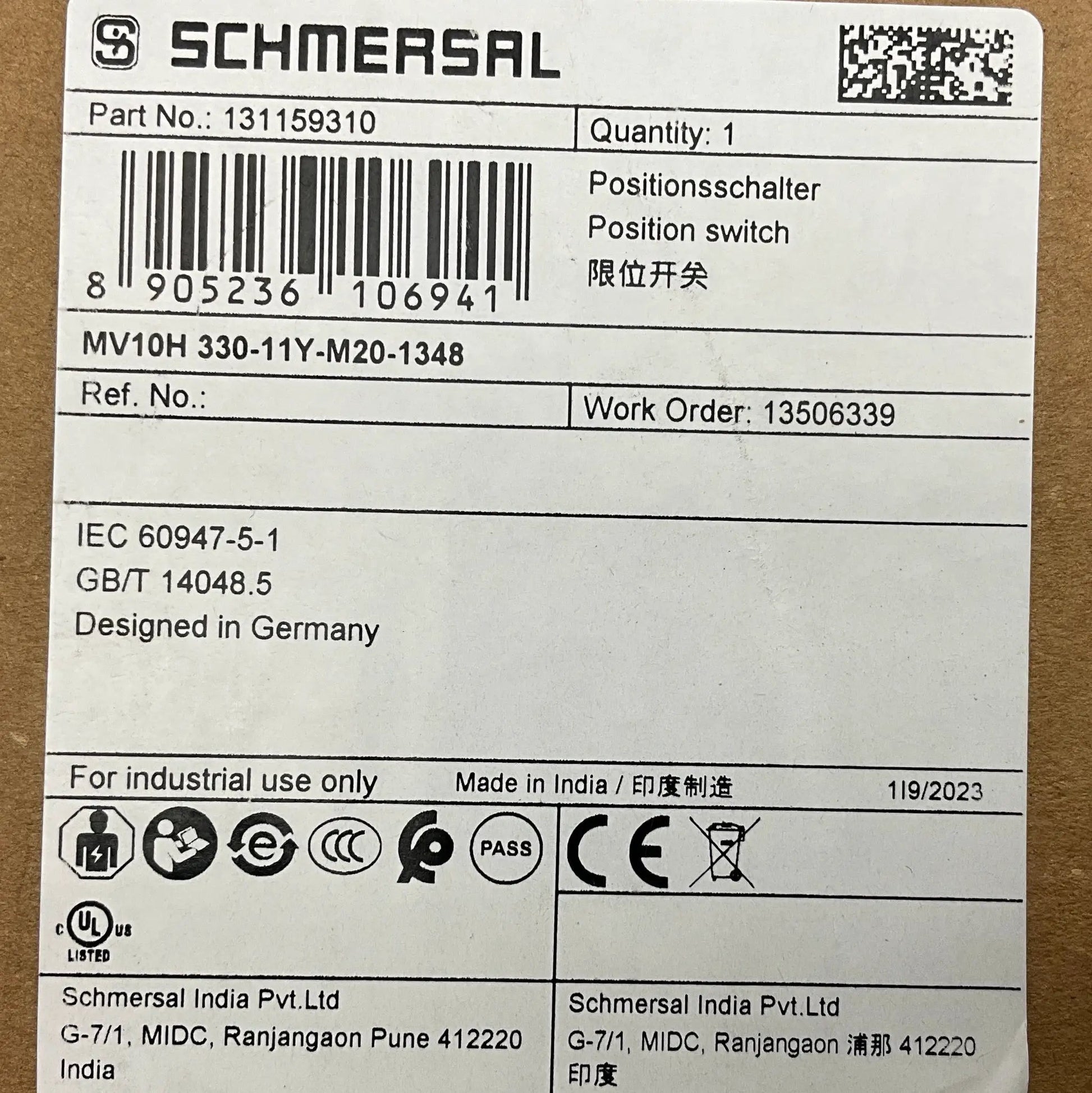 Schmersal MV10H 330-11Y-M20-1348 Roller Lever Position Switch-Roller Lever Position Switch-Used Industrial Parts