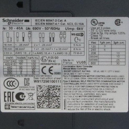 Schneider Electric GV3P40 Motor Circuit Breaker-Motor Circuit Breaker-Used Industrial Parts