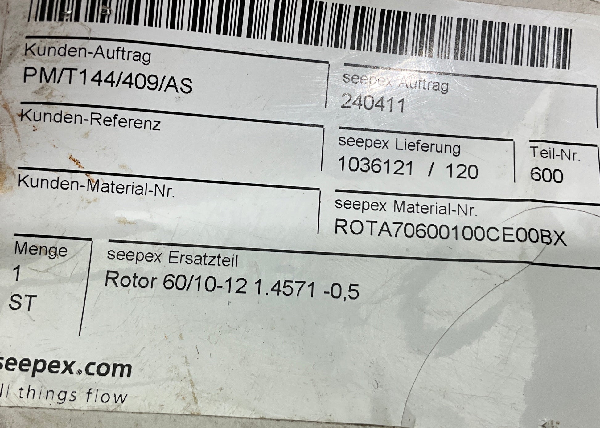 Seepex 60/10-12 Progressive Cavity Pump Rotor-Progressive Cavity Pump Rotor-Used Industrial Parts
