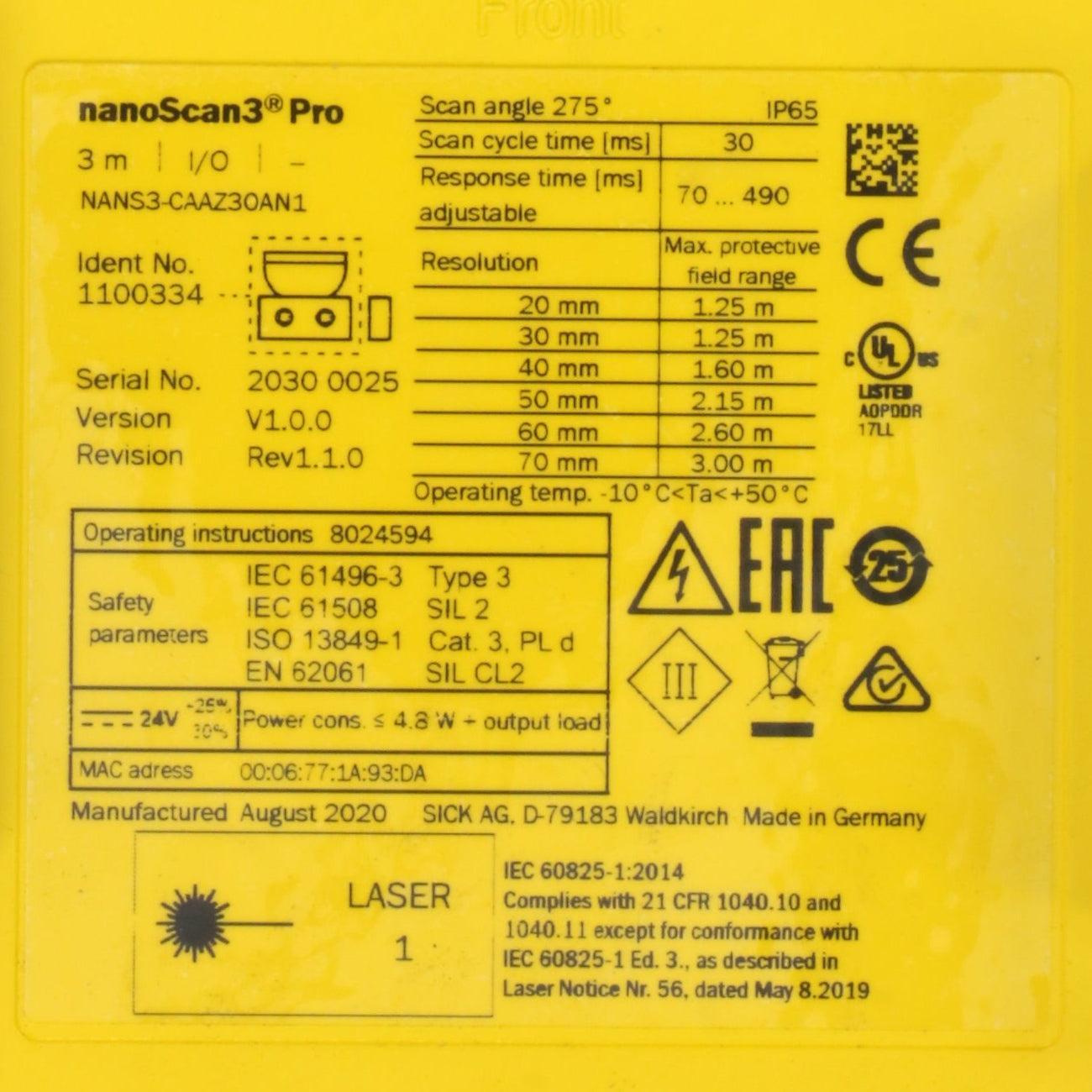 Sick Nanoscan3 Pro-Safety Laser Scanner-Used Industrial Parts