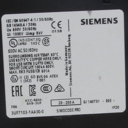 Siemens 20-200A Current Measuring Module - 3UF7103-1AA00-0-Current Measuring Module-Used Industrial Parts