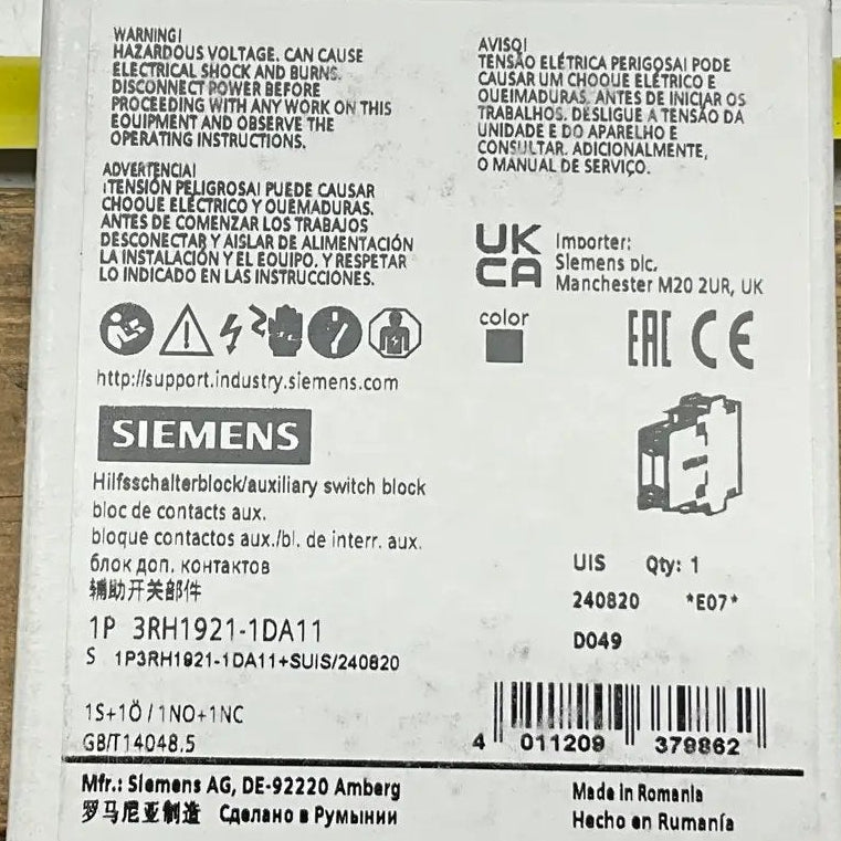 Siemens 3RH1921-1DA11 Auxiliary Switch Block-Auxiliary Switch Block-Used Industrial Parts