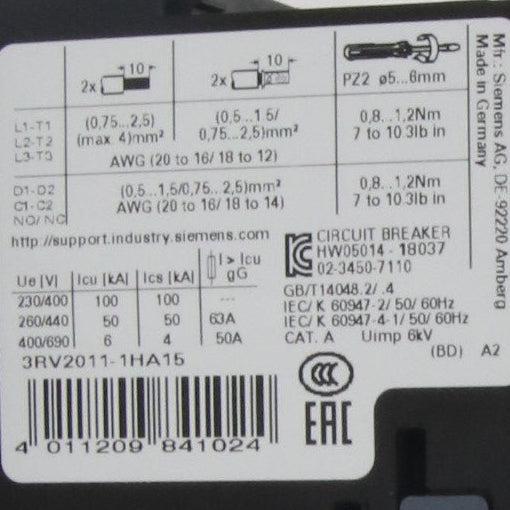 Siemens 3RV2011-1HA15 Motor Circuit Breaker-Motor Circuit Breaker-Used Industrial Parts