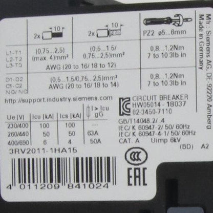 Siemens 3RV2011-1HA15 Motor Circuit Breaker-Motor Circuit Breaker-Used Industrial Parts