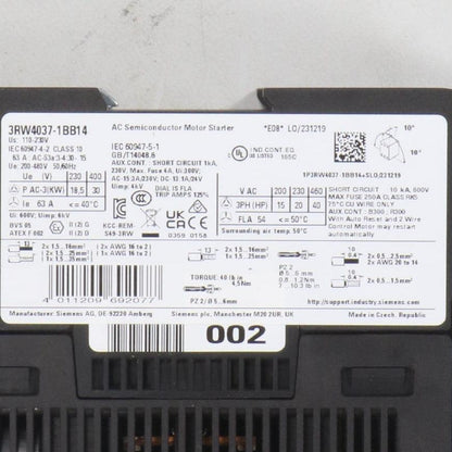 Siemens 3RW4037-1BB14 AC Semiconductor Motor Starter-AC Semiconductor Motor Starter-Used Industrial Parts