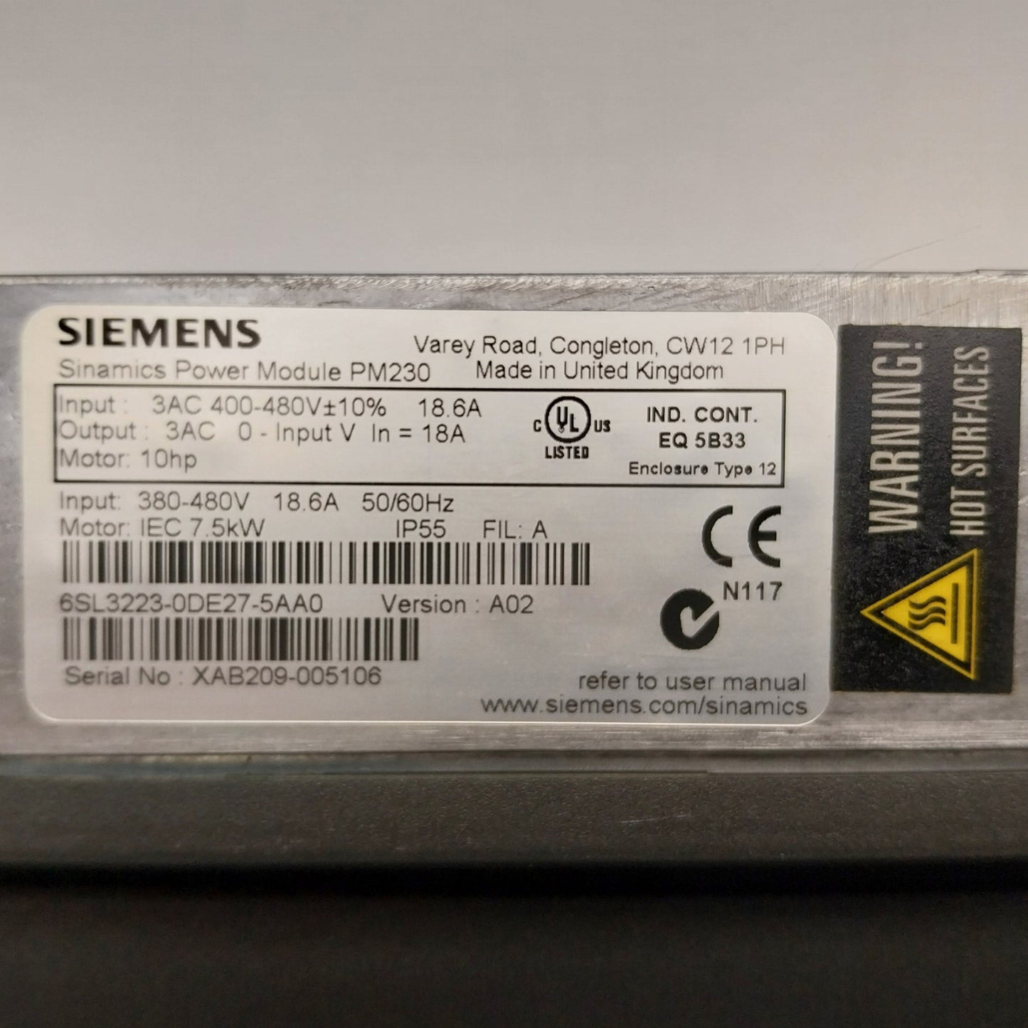 Siemens 6SL3223 0DE27 5AA0 PM230 Power Module