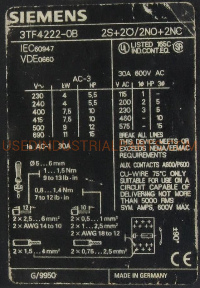 Siemens Contactor Relay 3TF4222-0B-Contactor Relay-AB-06-03-Used Industrial Parts