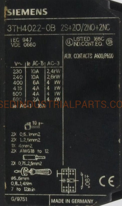 Siemens Contactor Relay 3TH4022-0B-Contactor Relay-AB-06-03-Used Industrial Parts