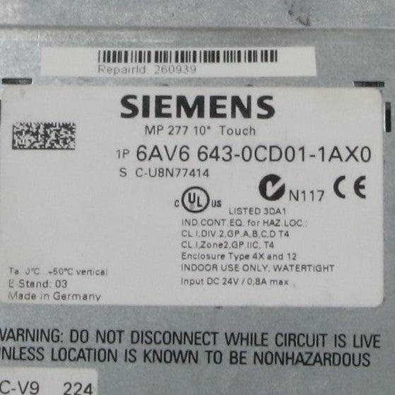 Siemens MP 277 10" 6AV6 643-0CD01-1AX0 Touch Panel-Touch Panel-Used Industrial Parts