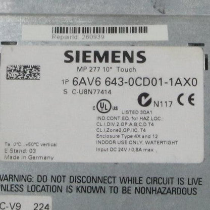 Siemens MP 277 10" 6AV6 643-0CD01-1AX0 Touch Panel-Touch Panel-Used Industrial Parts
