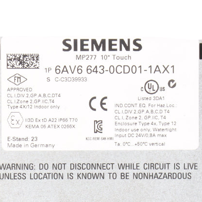 Siemens MP 277 6AV6 643-0CD01-1AX1 10" Multi Panel-Touch Panel-Used Industrial Parts