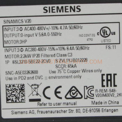 Siemens Sinamics 6SL3210 5BE22 2CV0 Inverter-Inverter-CA-07-06-02-Used Industrial Parts