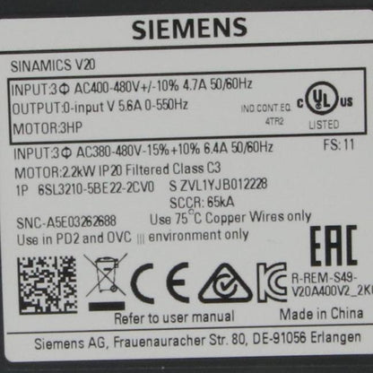 Siemens Sinamics 6SL3210 5BE22 2CV0 Inverter-Inverter-Used Industrial Parts