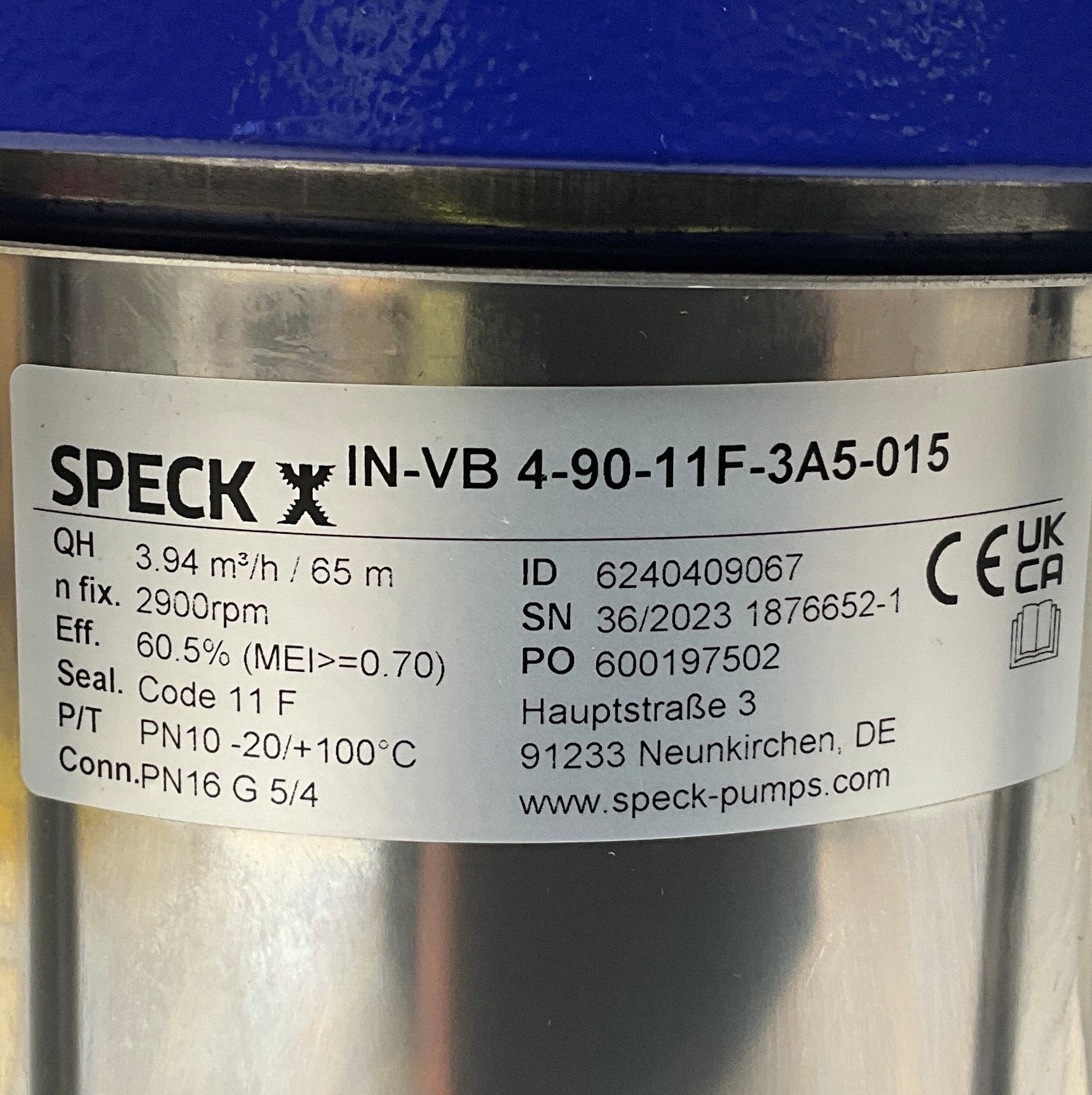Speck Pumpen IN-VB 4-90-11F-3A5-015 Vertical Multistage In-line Centrifugal Pump-Vertical Multistage In-line Centrifugal Pump-Used Industrial Parts