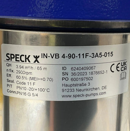 Speck Pumpen IN-VB 4-90-11F-3A5-015 Vertical Multistage In-line Centrifugal Pump-Vertical Multistage In-line Centrifugal Pump-Used Industrial Parts