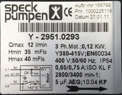 Speck Pumpen Regenerative Turbine Pump Y-2951.0293-Regenerative Turbine Pump-Used Industrial Parts