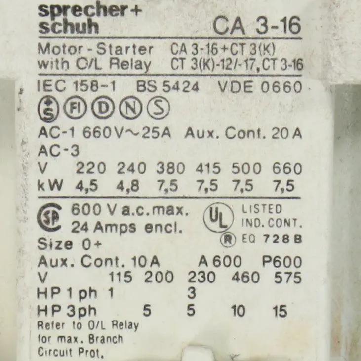 Sprecher + Schuh CA 3-16 + CT 3(K) Motor Starter/Contactor 48V-Motor Starter/Contactor-Used Industrial Parts