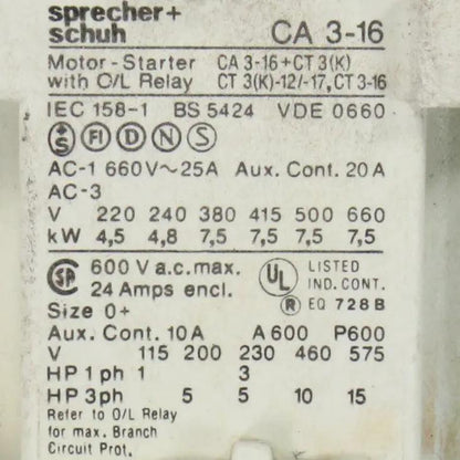 Sprecher + Schuh CA 3-16 + CT 3(K) Motor Starter/Contactor 48V-Motor Starter/Contactor-Used Industrial Parts