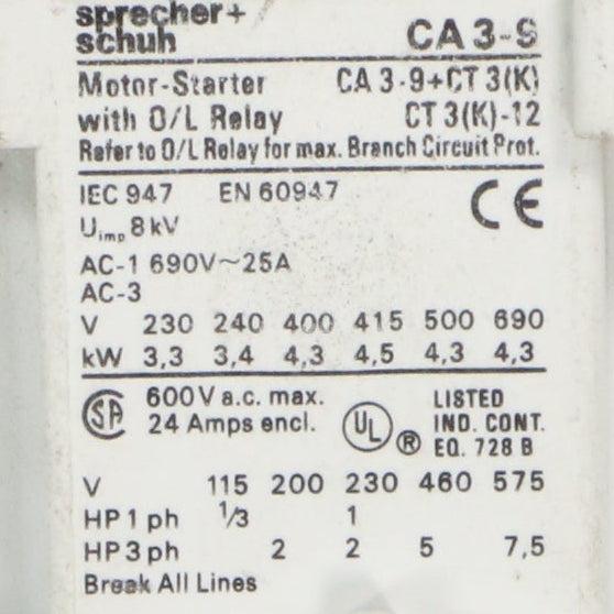 Sprecher + Schuh CA 3-9 + CT 3(K) Motor Starter/Contactor 230V-Motor Starter/Contactor-Used Industrial Parts