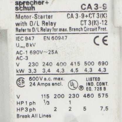 Sprecher + Schuh CA 3-9 + CT 3(K) Motor Starter/Contactor 230V-Motor Starter/Contactor-Used Industrial Parts