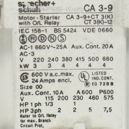 Sprecher + Schuh CA 3-9 + CT 3(K) Motor Starter/Contactor 48V-Motor Starter/Contactor-Used Industrial Parts