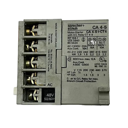Sprecher + Schuh CA 4-5+CT4 Motor Starter with O/L Relay CT4-9-Motor Starter with O/L Relay-Used Industrial Parts