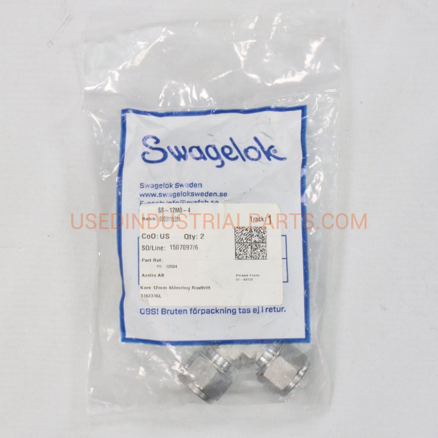 Swagelok SS 12M0 4 Union Cross Tube Fitting (2x)-Union Cross Pipe Connector-BC-05-06-02-Used Industrial Parts