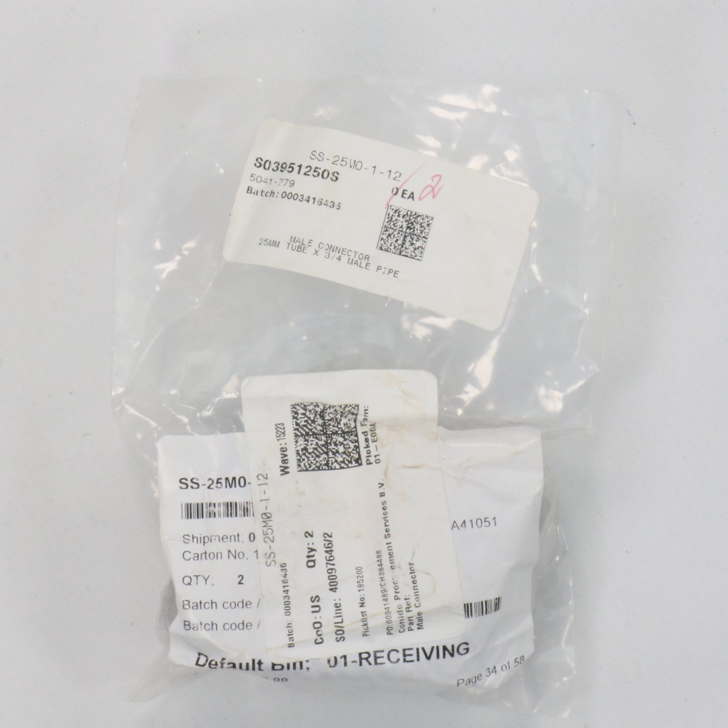 Swagelok SS-25M0-1-12 Male Connector x 2-Male Connector-Used Industrial Parts