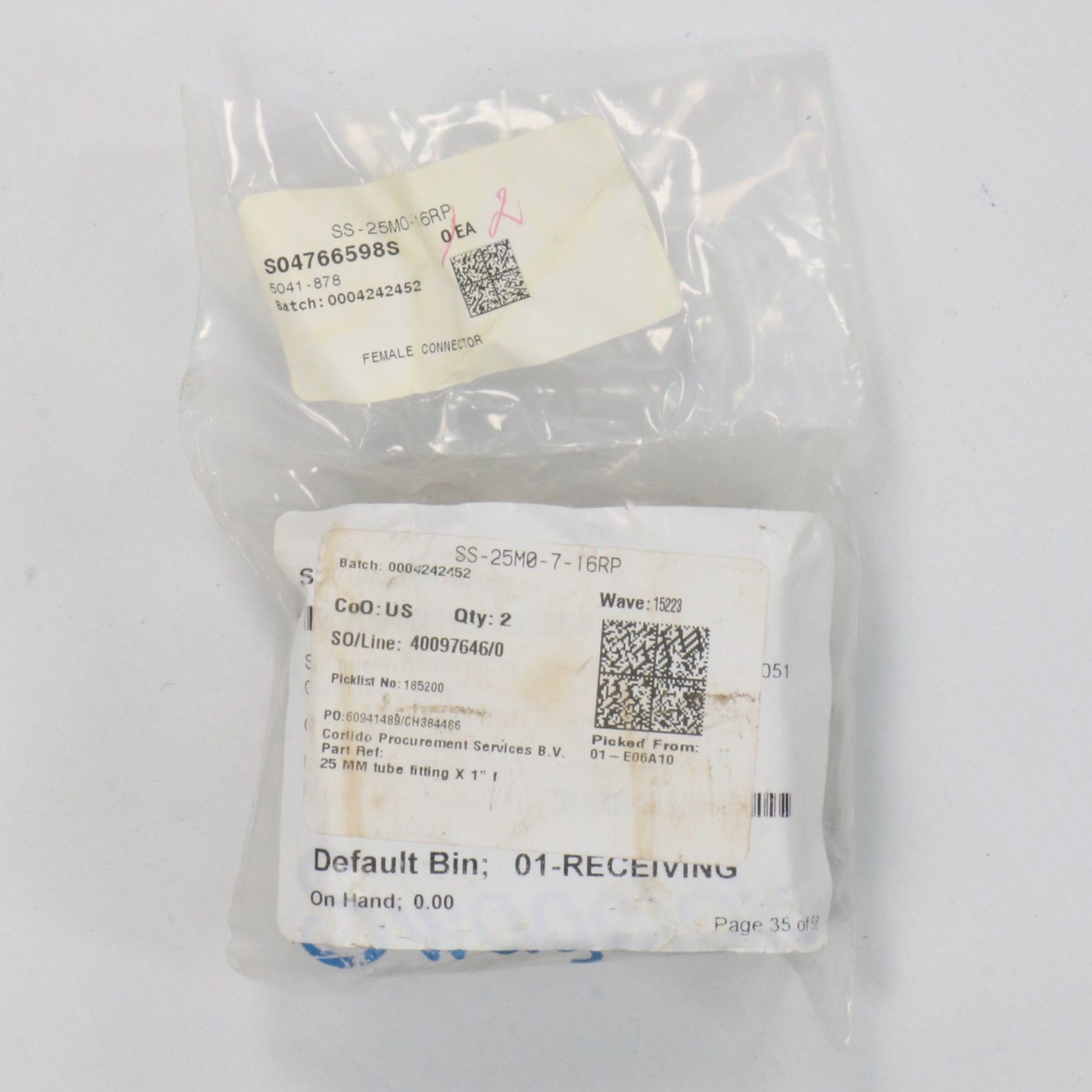 Swagelok SS-25M0-7-16RP Female Connector x 2-Female Connector-Used Industrial Parts