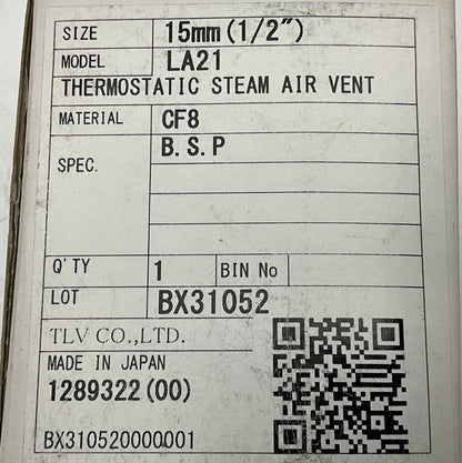 TLV LA21 Thermostatic Steam Air Vent-Thermostatic Steam Air Vent-Used Industrial Parts