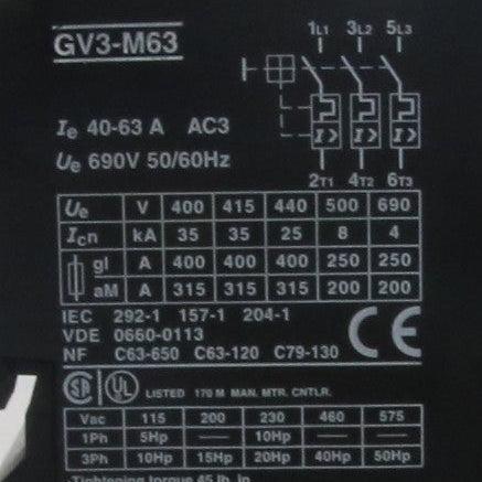 Telemecanique GV3-M63 Motor Circuit Breaker-Motor Circuit Breaker-Used Industrial Parts