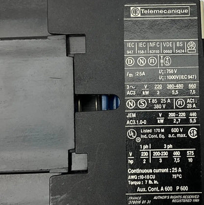 Telemecanique LP1 D12 10 24v Contactor-DC Operated Non-Reversing Power Contactor-Used Industrial Parts
