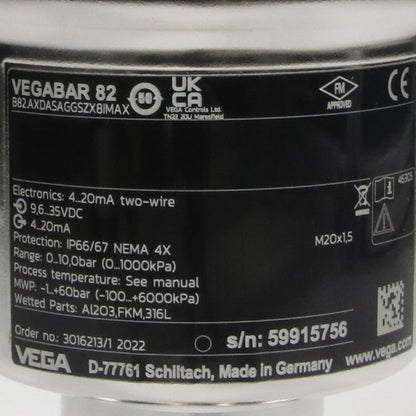 Vega Vegabar 82 Pressure Transmitter - B82.AXDASAGGSZX8IMAX-Pressure Transmitter with Display-Used Industrial Parts
