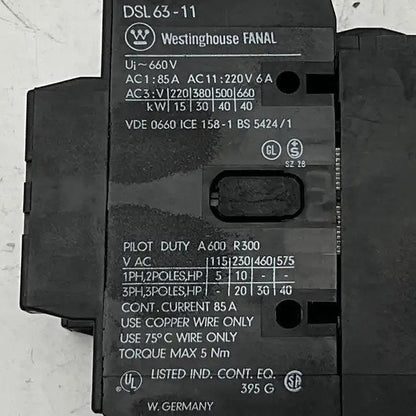 Westinghouse Fanal DSL 63-11 Industrial Contactor-Industrial Contactor-Used Industrial Parts