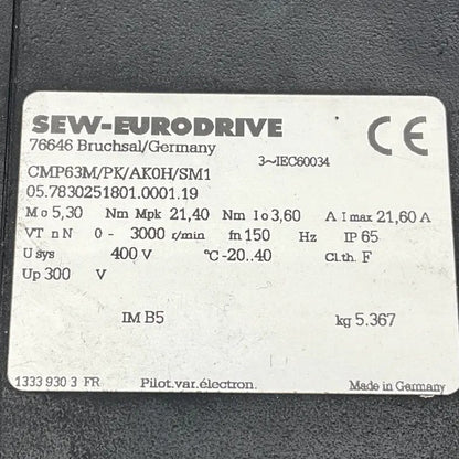 SEW Eurodrive Synchronous AC Servo Motor: SEW Eurodrive CMP63M/PK/AK0H/SM1 Servo Motor