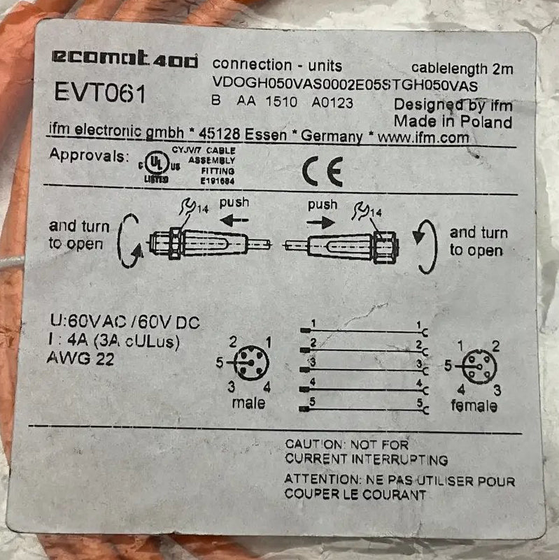 IFM Electronic EVT061 Connecting Cable-Used Industrial Parts