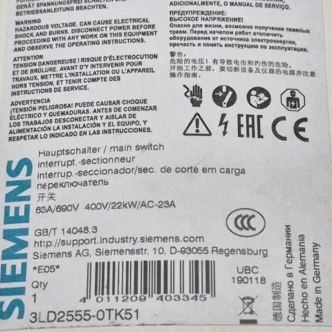 Siemens Switch Disconnector: Siemens 3LD2555-0TK51 Switch Disconnector