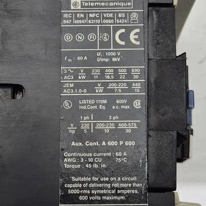 Used Industrial Parts : Telemecanique LC1 D40 11 Contactor - LX1 D6 M7