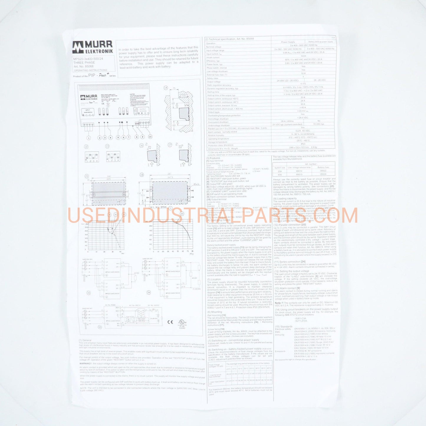 Murrelektronik MPS20-3x400/24 85067 Switch Mode Power Supply 3 Phase-Power Supply-AB-05-07-Used Industrial Parts